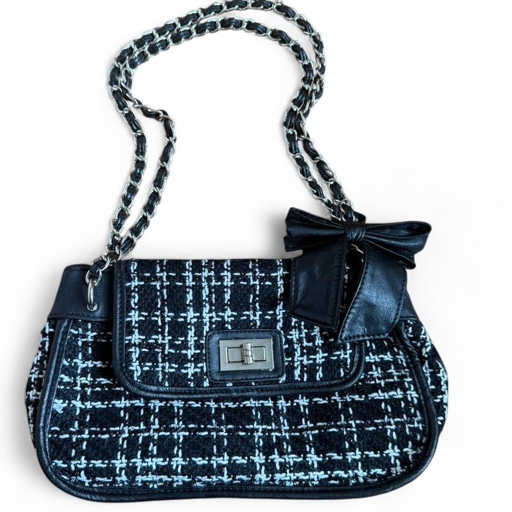 Vintage Y2K ALDO Black White Tweed Chain Strap Bow Shoulder Bag Academia